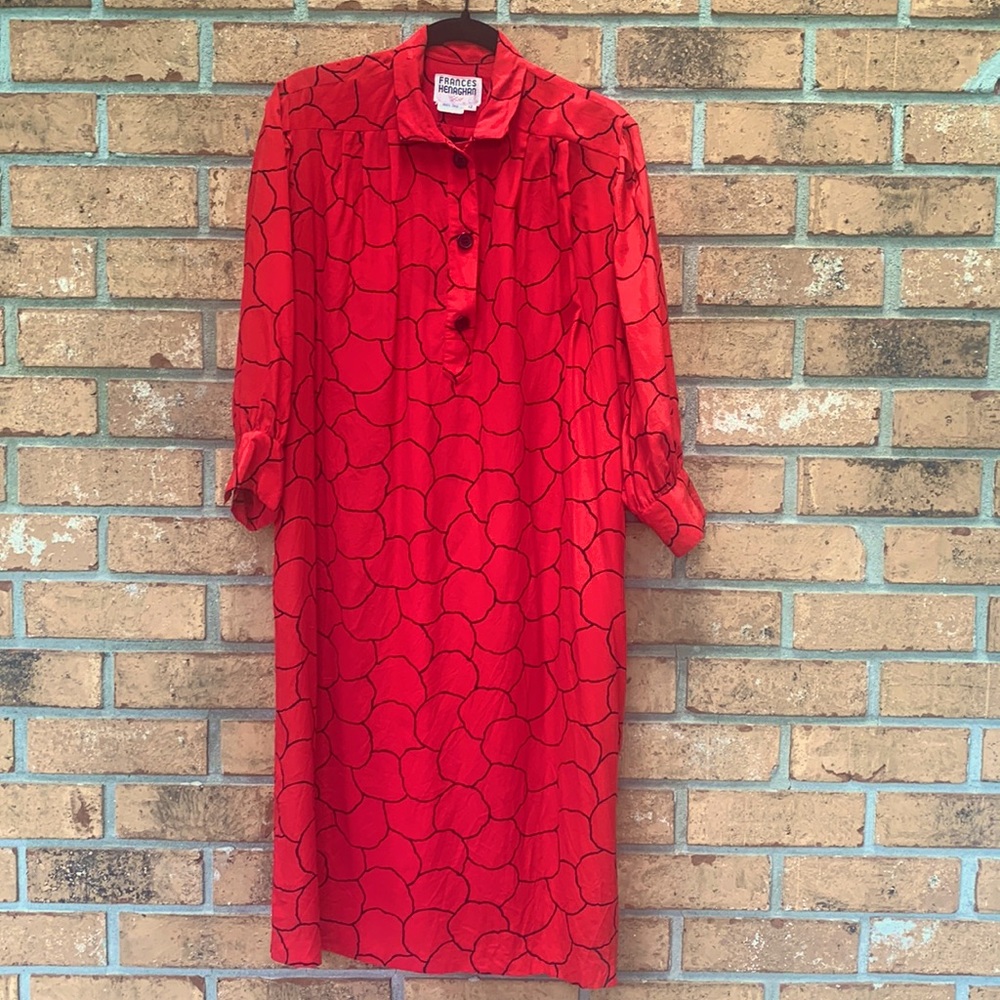 Vintage Red Silk Dress Size Medium or Large pattern Retro Size 10 Shift 80's 90'